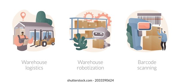 Storage automation abstract concept vector illustration set. Warehouse logistics and robotization, barcode scanning, package receiving and order-picking, sorting and shipping abstract metaphor.