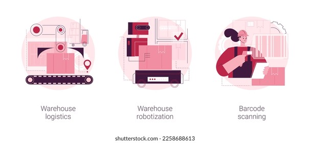 Storage automation abstract concept vector illustration set. Warehouse logistics and robotization, barcode scanning, package receiving and order-picking, sorting and shipping abstract metaphor.