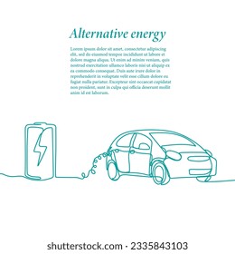 Storage battery and electromobile. Green energy and renewable source of power concept in simple linear style. Doodle vector illustration.