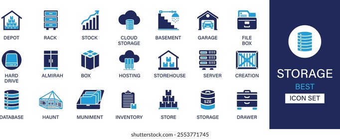 Storage best solid icon set collection. Depot, rack, stock, cloud storage, hosting, box, hard drive, server, database, store, drawer and vector illustration.