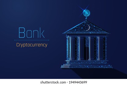 storage of bitcoins, accumulation of cryptocurrencies. The business model of collecting and adding cryptocurrency is the main unit of payment. bank with bitcoin coin at the top. wireframe. plexus.dots