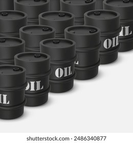 Storage of black metal drum. 3D rendering. Vector illustration isolated on white. Barrel of oil. Dangerous chemical liquids, flammable gases, toxins, oils, radiation waste. Oil Industry, Petrol Sign