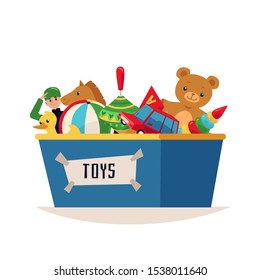 Storage box with colorful kids toys - bear, ball and others flat cartoon vector illustration isolated on white background. Children game objects for cards and stickers.