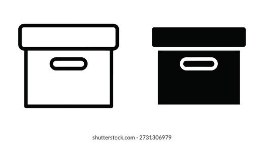 Conjunto de ícones da caixa de armazenamento. Recipiente de arquivo em linha e ilustração vetorial de estilo sólido