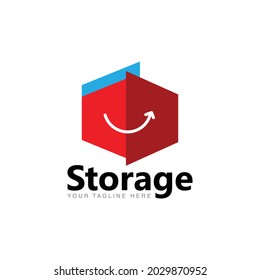 storage Box logo with smiling face template concept. Smiling box icon for storage business. Smiling box logo for file storage business. Box with smile face vector graphic symbol.