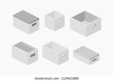 storage box white plastic isometric set vector flat illustration