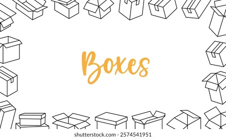 Storage boxes horizontal outline banner. Package cardboard boxes. Present gift boxes. Vector illustration.