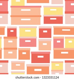 Storage boxes seamless vector pattern. Stacked cardboard storage boxes with closed lid background in coral yellow. Vector illustration closet organization. Tidy up. Declutter and tidying up concept