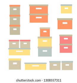 Storage boxes vector icon set. Stacked cardboard storage boxes with closed lid. Packaging collection. Vector illustration. Closet organization House keeping. Tidy up. Declutter and tidying up concept