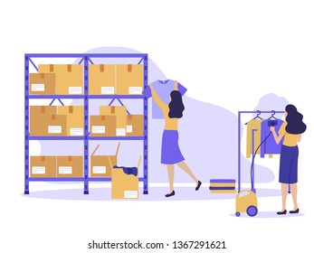 Storage boxes in warehouse store. Logistics concept. Workers are preparing goods for dispatch, steaming shirts. Modern UI flat illustration.