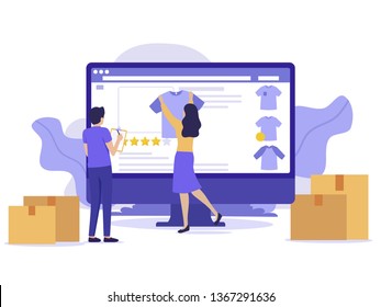 Storage boxes in warehouse store. Webstore concept. Workers are preparing goods for shop, worker putting item on website. Modern UI flat illustration.