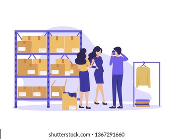 Storage Boxes In Warehouse Store. Webstore Concept. Workers Are Preparing Goods For Shop, Model Posing For Fashion Shoot . Modern UI Flat Illustration.