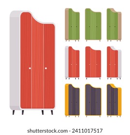 Storage bright cabinet with two doors big set. Kitchen pantry, dining room wooden closet for storing linens, books. Vector flat style cartoon home office furniture objects isolated, white background