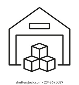 Storage Building Line Icon. Warehouse Linear Pictogram. Cargo Boxes in Commercial Store House Sign. Storehouse for Shipping Service Outline Symbol. Editable Stroke. Isolated Vector Illustration.