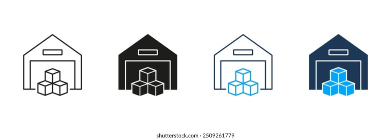 Storage Building Line and Silhouette Icon Set. Warehouse Pictogram. Cargo Boxes in Commercial Store House Sign. Storehouse for Shipping Service Symbol. Editable Stroke. Isolated Vector Illustration.