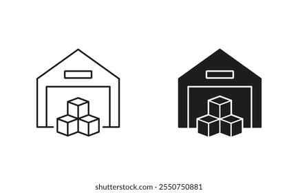 Storage Building Line and Silhouette Icon Set. Cargo Boxes in Commercial Store House Sign. Warehouse Pictogram. Editable Stroke. Isolated Vector Illustration.