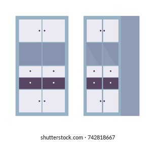 Storage cabinet office in blue. Organized books, magazine, paper keeping set. Different positions. Vector flat style cartoon illustration isolated on white background