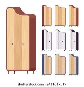 Storage cabinet with two doors big set. Kitchen pantry, dining room wooden closet for storing linens, books. Vector flat style cartoon home decor, office furniture objects isolated, white background