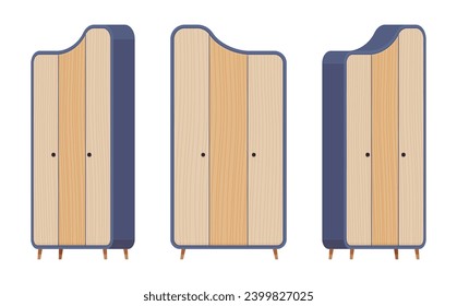 Storage cabinet with two doors nice set. Kitchen pantry, dining room wooden closet for storing linen, books. Vector flat style cartoon home decor, office furniture objects isolated, white background