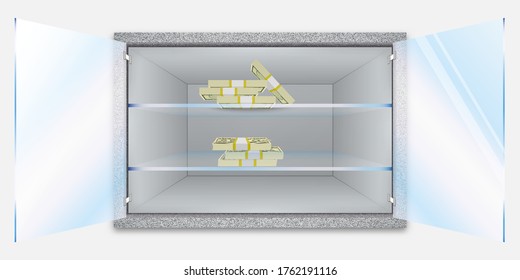 Storage of cash and valuable items. Banking concept. Open shelf with banknotes. Start a business. Few stacks of dollar bills. Vector illustration.
