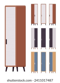 Storage closet, slim narrow linen one door cabinet big set. Wooden living room organizer, bedroom interior item. Vector flat style cartoon home, office furniture objects isolated on white background