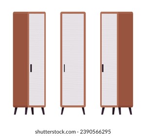 Storage closet, tall slim brown linen one door cabinet set. Wooden living room organizer, bedroom interior item. Vector flat style cartoon home, office furniture objects isolated on white background