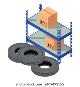 Icono de concepto de almacenamiento vector isométrico. Cremallera de almacén con caja de neumáticos y paquetes. Concepto de almacenamiento