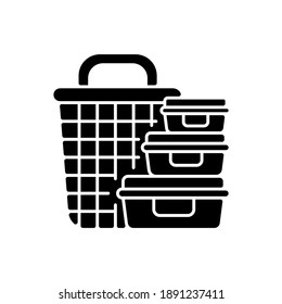 Storage containers black glyph icon. Bins, hampers, drawers. Organization. Laundry basket. Plastic bags. Vulnerable products protection. Silhouette symbol on white space. Vector isolated illustration