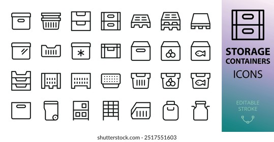 Storage containers isolated icons set. Set of euro stacking containers, ventilated storage crates, spill containment tray, bulk plastic harvest bin, industrial pallet, insulated container box icon