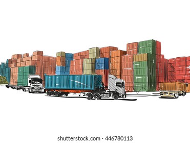 Storage containers in the port. Delivery of cargo container ship. Hand drawn vector illustration
