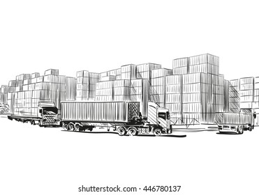 Storage containers in the port. Delivery of cargo container ship. Hand drawn vector illustration