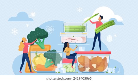 Storage of cooked and fresh food in glass refrigerator containers with lids. Tiny people holding broccoli and asparagus to put in lunch box, transparent kitchen jar cartoon vector illustration