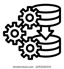 Ícone da linha de configurações de cópia de armazenamento, conceito de acumulação de dados. Gráficos vetoriais. Gravação de dados de matriz de discos e sinal de roda cog no fundo branco, ícone de estilo de contorno para design móvel ou web