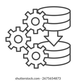Icono de línea delgada de Configuraciones de copia de almacenamiento, concepto de acopio de datos. Gráficos de Vector. Registro de datos de matriz de discos y signo de rueda dentada sobre fondo blanco, icono de estilo de contorno para móvil o Diseño web