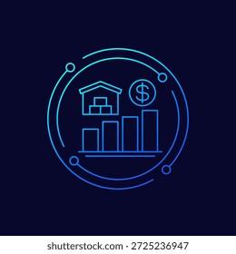 Icono de costos de almacenamiento con almacén y gráfico, diseño lineal
