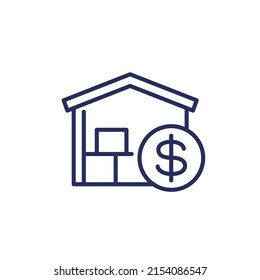 Storage costs line icon with a warehouse