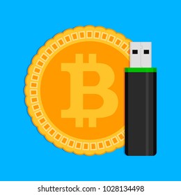 Storage of crypto coins bitcoin. Vector bitcoin and flash drive usb, cryptocoin wallet illustration