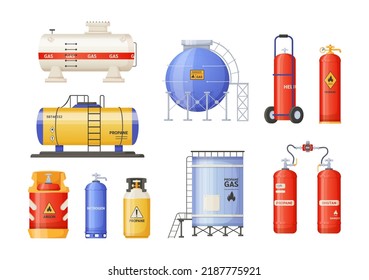 Lagerung von zylindrischen Behältern mit komprimiertem Flüssiggas. Behälter, Behälter, Behälter und Ballons mit Propan, Butan und Helium mit hohem Druck und Ventilen, flacher Vektor