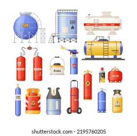 Storage cylindrical containers with liquefied compressed gas set. Safety fuel metal canisters, cylinders, tanks and balloons with propane, butane and helium with high pressure and valves flat vector