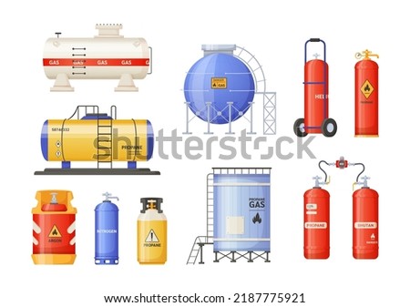 Storage cylindrical containers with liquefied compressed gas set. Safety fuel metal canisters, cylinders, tanks and balloons with propane, butane and helium with high pressure and valves flat vector