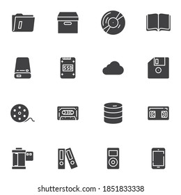 Storage data vector icons set, modern solid symbol collection, filled style pictogram pack. Signs, logo illustration. Set includes icons as file folder, database storage, ssd, cloud storage, CD disk