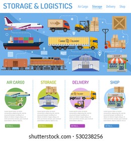 Storage and delivery Concept infographics with flat Icons air cargo, shop. vector illustration