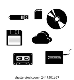 Dispositivos de almacenamiento iconos negros Vector plano aislado sobre fondo blanco.