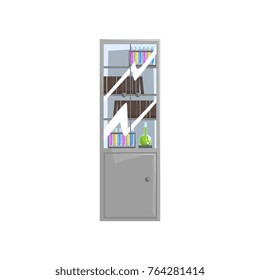 Storage with different science literature books, test tubes and flasks with liquids on shelves. Cabinet with glass doors. Vector of laboratory furniture in flat style