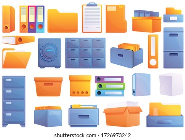 Juego de iconos de almacenamiento de documentos. Conjunto de dibujos animados de almacenamiento de documentos iconos vectoriales para el diseño web