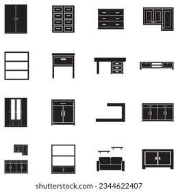 Iconos de almacenamiento y cajón. Diseño plano negro. Ilustración vectorial.