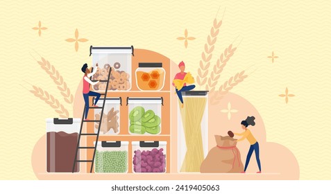 Storage of dry grocery bulk products in kitchen pantry. Tiny people packing pieces of dry fruit and heap of cereals, spaghetti and coffee in plastic or glass containers cartoon vector illustration