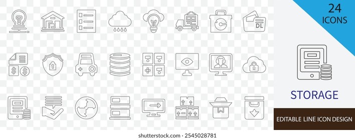 Storage editable line icon set. containing safe, hoard, cache, reserve, backup,  crate, container, shelf and more stroke icons