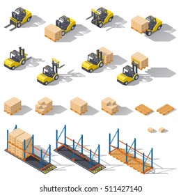 Storage equipment isometric icon set. Presented forklifts in various combinations, storage racks, pallets with goods for infographics. Vector graphic illustration design