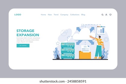 Storage Expansion web or landing page. Showcasing scalable storage solutions and cloud capacity growth. Emphasizing on increasing data volume management. Flat vector illustration.